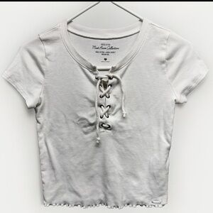 Hollister Top Women’s XS Rib Knit Lace Up Cropped Tee White Y2k Bellacore